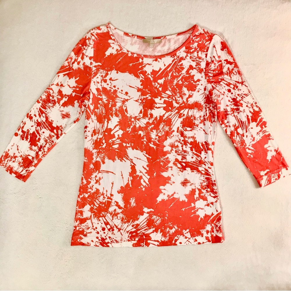 Joan Vass Studio— Red and White Artistic-Patterned Mid-Sleeve Blouse